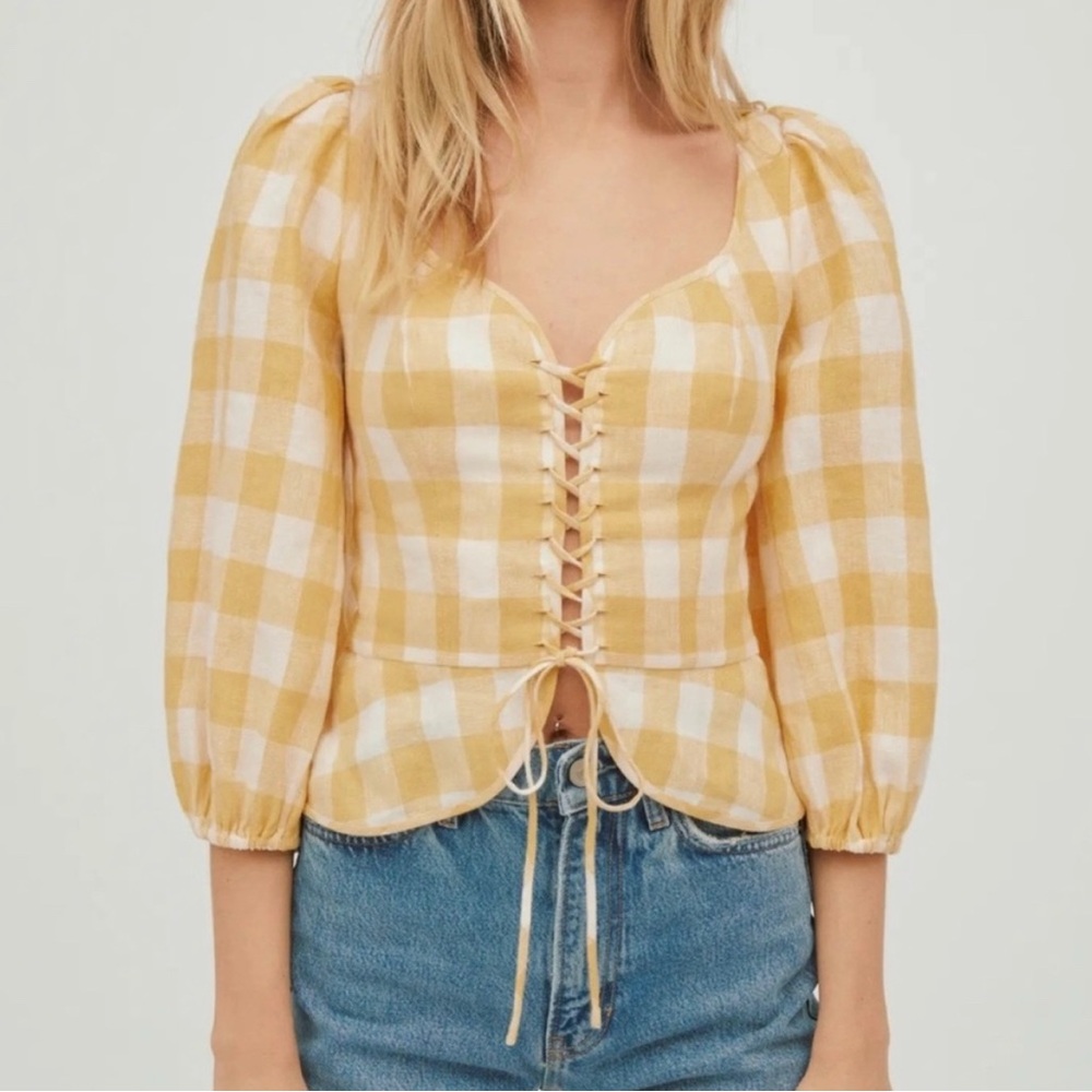 Reformation Barrett Top Linen Lace Up Checkered Blouse Gingham Peasant Yellow 4
